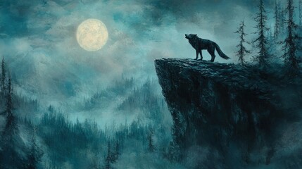  Lone Wolf Howling Under a Full Moon in a Misty Mountain Range