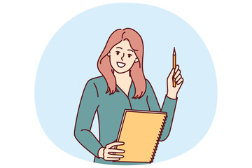 Woman is holding notepad and pen recommending job plan for successful completion of deadlines. Woman teacher at school with smile gives children quality education and prepares for exams