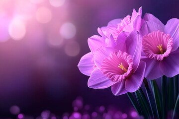 Poster - Pink narcissus flowers blooming on purple background with bokeh effect