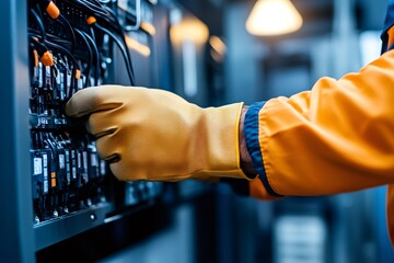 Poster - Electrician working on industrial control panel, connecting wires and ensuring safety