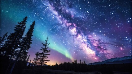 Poster - Starry Night Sky with Aurora Borealis in the Forest. night sky with stars