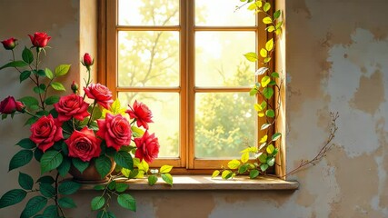 Poster - A window with a bunch of red roses in it. The roses are in a vase and are placed on the window sill