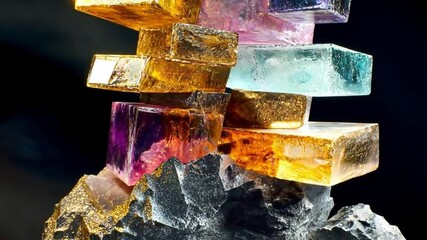 Poster - This image features stunning stacked crystals in various colors, showcasing their unique shapes and clarity. Ideal for creative inspiration in design and art. AI