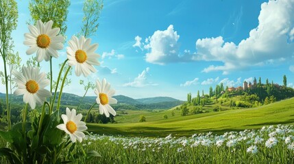 Wall Mural - a serene spring landscape with white wildflowers swaying in the breeze against vibrant green fields.