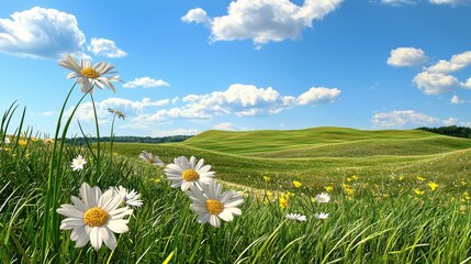 Wall Mural - a serene spring landscape with white wildflowers swaying in the breeze against vibrant green fields.