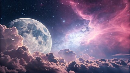 Poster - Full Moon Over a Dark Sea with Clouds and Stars. earth and moon
