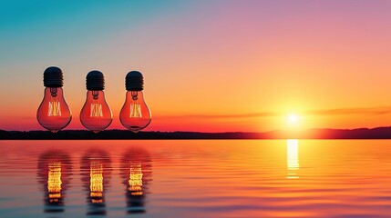 Wall Mural - a cluster of bulbs on a watery platform beneath a vibrant sky and with the radiant sun behind it