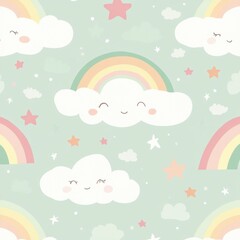 Poster - Cheerful seamless pattern featuring soft pastel clouds, rainbows and twinkling stars for cozy baby nursery decor and celebration themes Generative AI