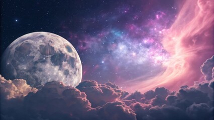 Poster - Moonlit Night Sky with Clouds and Stars Over the Sea. night sky with moon and stars