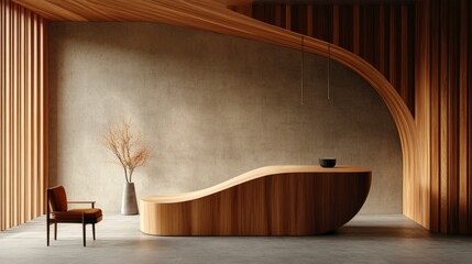 Poster - Wooden Reception Area: A warm and inviting wooden reception area featuring a unique, curved wooden counter, a minimalist chair, and decorative elements.