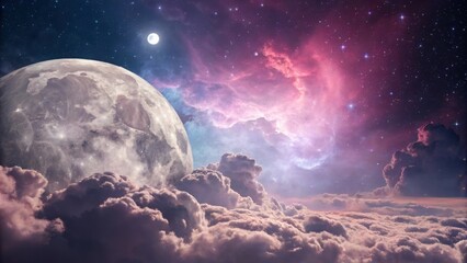 Poster - A peaceful night scene of the Earth and Moon under a starry sky with soft clouds and a glowing moonlight