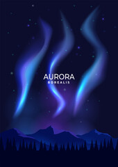 Wall Mural - Northern lights. Landscape background. Bright glow at night, starry sky. Vector illustration.