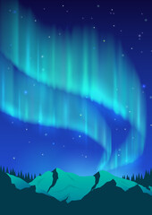 Wall Mural - Northern lights over the mountains. Bright glow in the sky at night. Aurora borealis. Illuminated mountain peaks. Vector illustration.