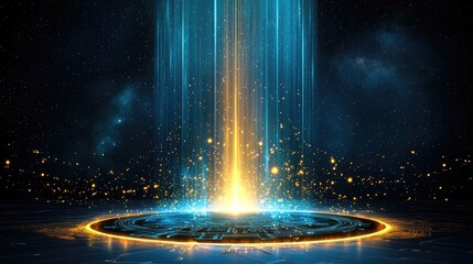 Poster - Abstract blue circuit board background, glowing lines and microchips, futuristic digital tech concept