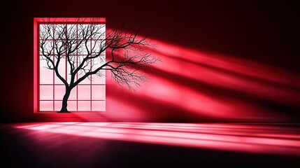 Wall Mural - a room with a tree in the window, lit by a red light shining from outside