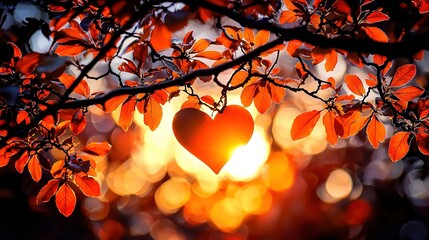Wall Mural - a heart dangling from a leafy branch, bathed in golden sunlight filtering through the foliage above