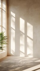 Fototapete - Warm rays of sunlight filter through large windows, casting delicate shadows on a neutral wall. Greenery adds a touch of nature to this peaceful indoor space, creating a harmonious atmosphere