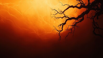 Wall Mural - an orange and yellow sky with a tree branch in the foreground and a bird flying in the distance