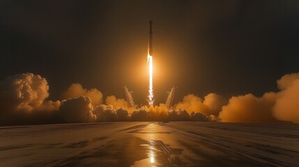 Poster - Rocket lifts off with immense thrust, illuminating the dark sky while emitting bright flames and clouds of gas, marking a significant ascent in spaceflight technology.