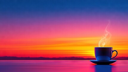 Wall Mural - a sunset scene with two cups of coffee, one resting atop a table and the other in the foreground
