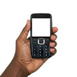 © SuperImages - Black man hands holding an old style cell phone isolated on transparent background