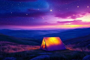 A camping tent glows warmly under the starry sky.