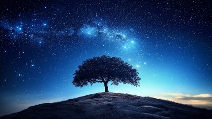 Wall Mural - night sky wonders: a lone tree under countless stars.