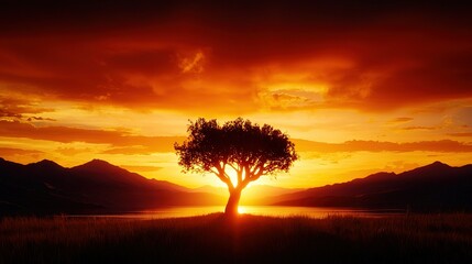 Wall Mural - a solitary tree stands amidst a field as the sun descends behind distant mountains