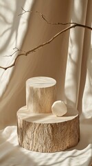 Poster - Elegant wooden platforms and a soft spherical object rest on a light fabric backdrop, illuminated by natural sunlight filtering through gentle shadows in a tranquil setting