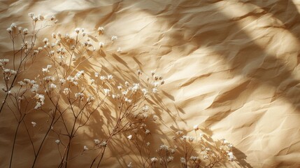 Poster - Soft white blooms rest gracefully against crinkled brown paper, their shadows dancing in the warm light, exuding calmness and simplicity in a nature-inspired arrangement