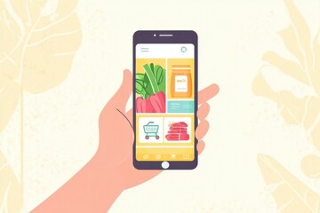 Leinwandbilder - Hand holding smartphone displaying grocery delivery app with vibrant vegetables and a simple user interface at home Generative AI