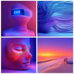 Poster - Abstract art collage futuristic figure, flowing lines, serene face, sunset beach