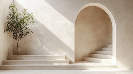Fototapete - Soft rays of sunlight filter through a large arch, casting delicate shadows on a smooth, neutral-toned interior. A lone tree stands elegantly amongst minimalistic steps, creating a peaceful ambiance