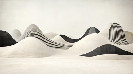 Poster - Abstract landscape of undulating beige hills with contrasting black linear patterns