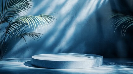 Poster - A smooth, circular platform sits prominently in a tranquil setting, illuminated by soft blue light filtering through nearby green leaves, creating a serene atmosphere perfect for showcasing art