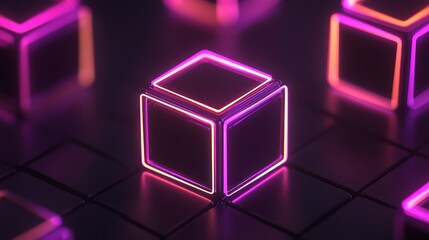 Poster - Glowing neon cubes on dark surface