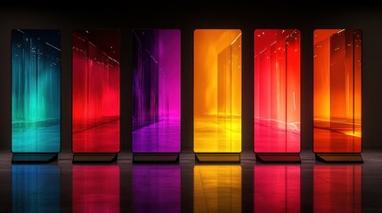 Poster - Vibrant, colorful, illuminated panels reflect on sleek floor