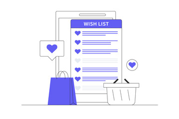 Poster - Shopping wishlist concept flat illustration vector template, Product wishlist online, Gift and shopping list. Flat Cartoon Vector Illustration, icon. Stylish abstract design web