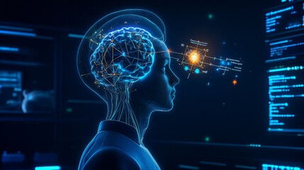 Poster - scientist visualizes quantum processes in neural implants for futuristic healthcare innovations