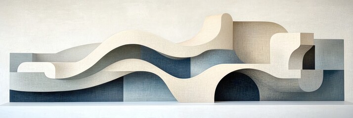 Poster - Abstract 3D wavescape in beige & blue hues.  Layered, flowing forms create a dynamic composition