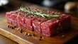 © THUA - Thin roast beef slices arranged with precision, garnished with rosemary sprigs and peppercorns, displayed on a cutting board with warm kitchen lighting.