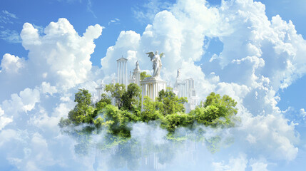 ethereal celestial realm with floating island, clouds, and greenery