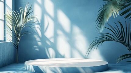 Poster - A serene setting features a circular platform illuminated by natural light filtering through large windows, softly contrasting with vibrant green plants framing the space.
