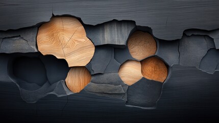 Poster - Abstract art featuring contrasting dark and light wood, forming a fractured, honeycomb-like pattern