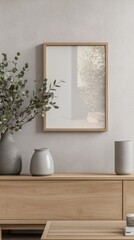 Aufkleber - A serene setting features wooden furniture adorned with vases and greenery. Sunlight filters through, casting soft shadows that enhance the tranquil atmosphere, inviting calmness and simplicity.