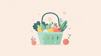 Aufkleber - Fresh vegetables and fruits in a green shopping basket on a soft pastel background for minimalistic design lovers Generative AI