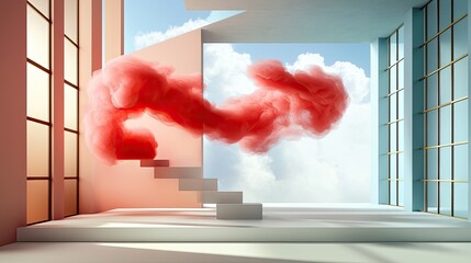 Poster - abstract red smoke blending with curved cloud-like shapes and modern structures