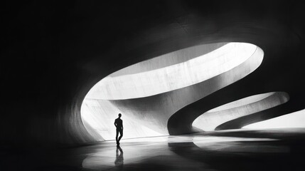 Poster - Solitary figure in a modern, abstract concrete structure with curved, light-filled openings