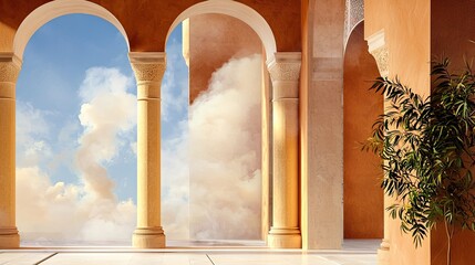 Poster - Beige smoke background with soft arched cloud patterns and architectural elements