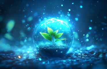 Poster - A blue digital glowing background with ethereal charms and light beams around the plant inside a sphere, in the digital art style. A futuristic plant growing in an orb underwater. 